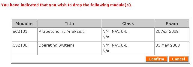Figure 4-12. Drop Allocated Module Confirmation Screen 4. Upon clicking onto dropped allocated module screen, students will be led to screen as shown in Figure 4-12.