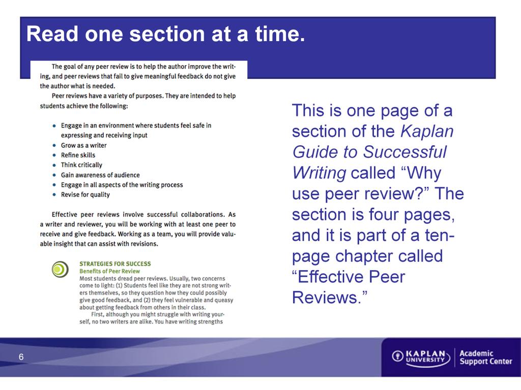 Read one section at a time. The sample text on the slide shows that same page from the peer review section of the Kaplan Guide to Successful Writing. The section is titled, Why Use Peer Review?