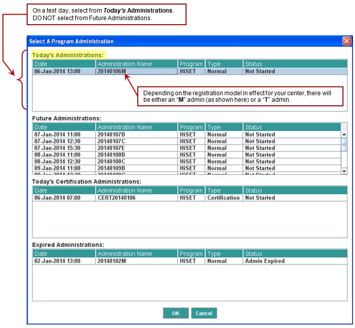 Selecting a Program Administration on Test Day Situation: When starting your HiSET administrative station on a test day, the Select a Program Administration screen will prompt you to select a program