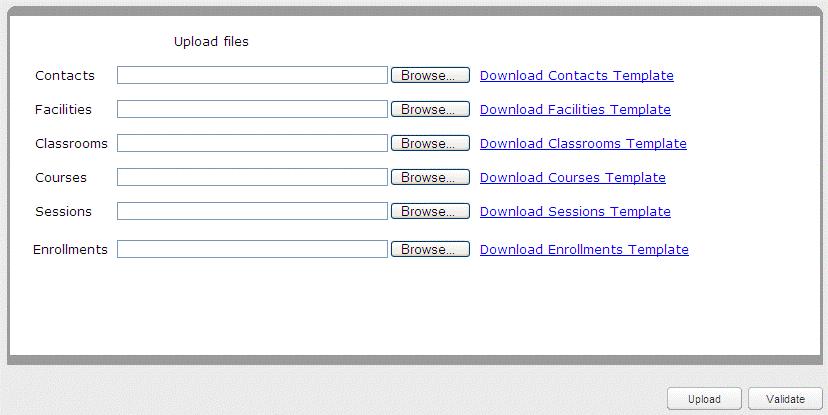 Upload ILT Content You can use the Batch Add view to bulk-upload contacts, facilities, classrooms, courses, sessions and enrollments.