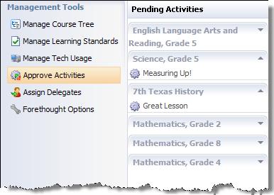 Manage Tab > Approve Activities > Pending Activities The pending activities