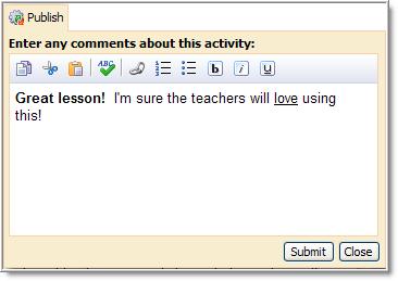The author can now make adjustments and republish. A comment box appears after publishing or returning an activity to the author. These comments will be included in an email to the author.