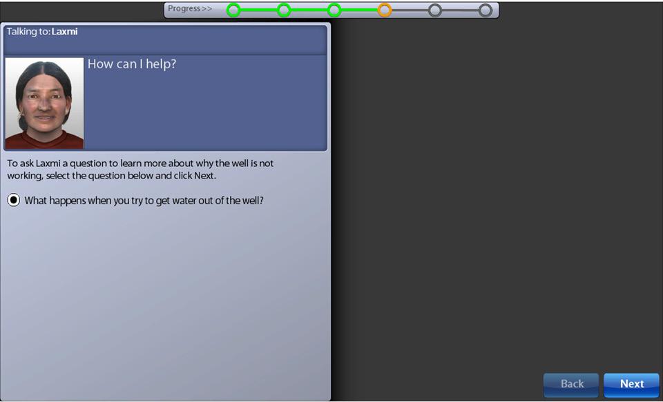 Figure 10. Sample NAEP TEL Task: Screenshot of the interface that allows students to ask Laxmi (a villager) questions about the well.