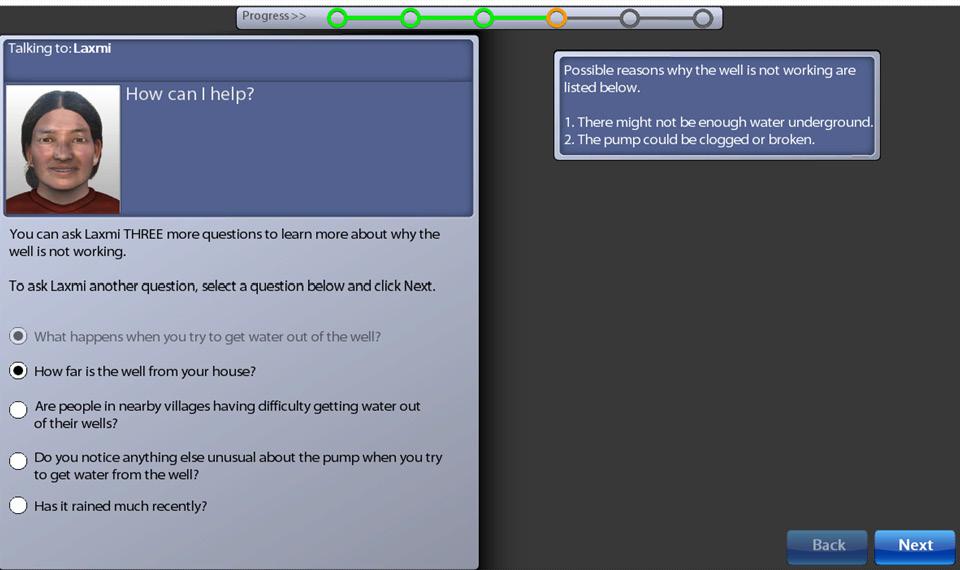 Figure 11. Sample NAEP TEL Task: Screenshot of questions students can ask Laxmi to identify which of the two reasons accounts for the well not working properly.