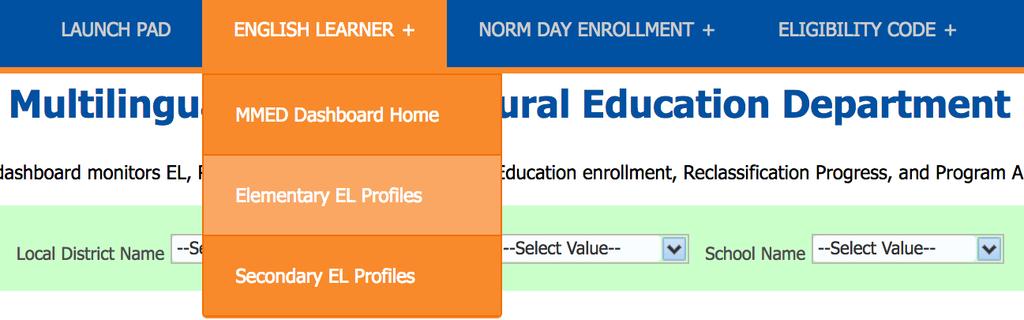 3. Hover the cursor over the English Learner selection on the Navigational Menu Bar and select Elementary EL Profiles from the dropdown.