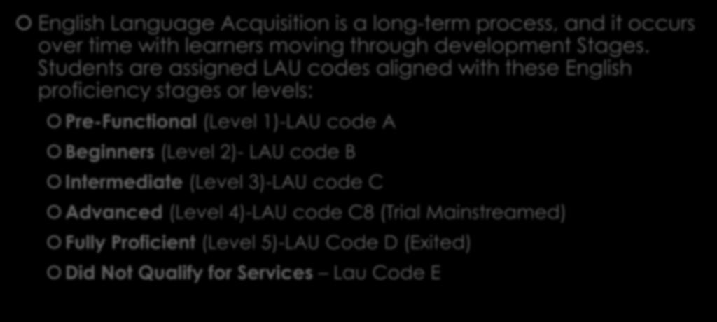 LAU Composite & Service Codes English Language Acquisition is a long-term process, and it occurs over time with learners moving through development Stages.