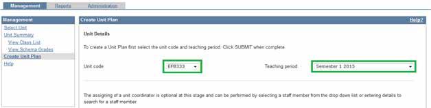 Set the desired grading schema options, your preferred number of students displayed per page, and click on SUBMIT to complete the creation of the unit plan.