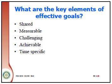 If the participants have experience in goal setting this slide will be a refresher of what they already know. SLIDE PR 2.20 SHOW SLIDE PR 2.21 (@0:22 5 Min.