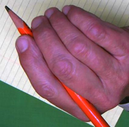Gripping the pencil this way immediately allows a feeling of control because the barrel of the pen or pencil is anchored between the pointer and middle fingers.