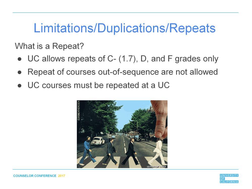 What would a repeat of a C/2.0 grade be called?? DUPLICATION If the school C- equates to a 1.70, then we will allow the repeat, but if the school equates a C- to a 2.