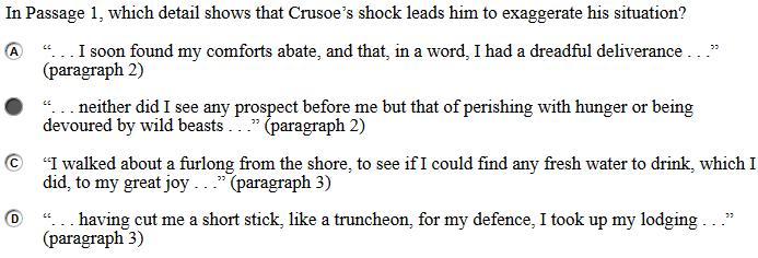 Scoring Guidelines Rationale for Option A: This is incorrect. Although dreadful deliverance may sound exaggerated, Crusoe is clearly in a very tough situation with very little to comfort him.
