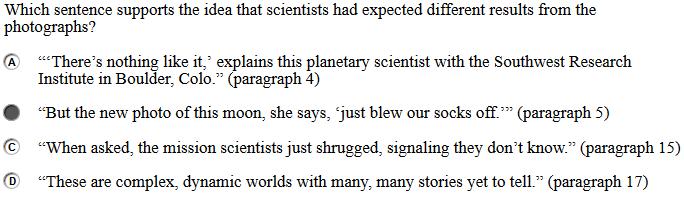 Scoring Guidelines Rationale for Option A: This is incorrect. This sentence supports the idea that Pluto cannot be compared to other planets a feeling scientists had after seeing the photographs.