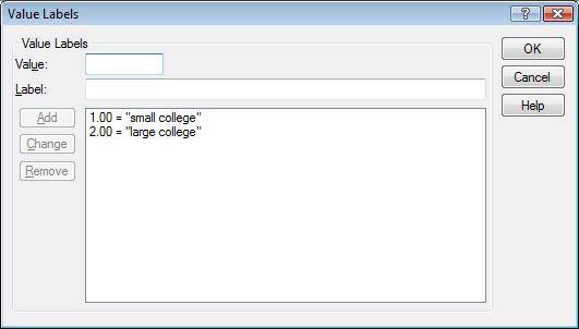 Hit Add and you ll see the value appear in the white box. Then repeat the process by putting 2 as the value and large college as the label and hitting Add.