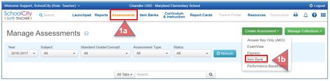 SchoolCity Suite provides districts with electronic repositories of data, or banks, in which users can choose questions items and passages to create an Item Bank Assessment.