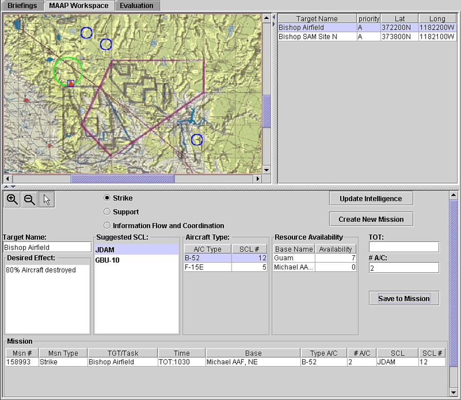 Figure 2: Strike Planning Interface For a strike mission, the student can select a target either visually on a geographical map or textually from a target list table.