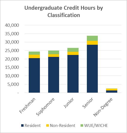 Undergraduate Credit Hours Classification Summary % Non- WUE/WICHE Total % Total Change Freshman 20,501 1,981 1,952 24,434 21.8% 25,157-2.9% Sophomore 21,237 1,557 2,198 24,992 22.3% 23,413 6.