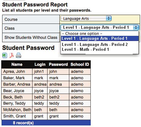 Passwords Once your users are enrolled you can distribute passwords. 1. Under Reports, select Student Password List. 2. From the drop-down menu, select Course.