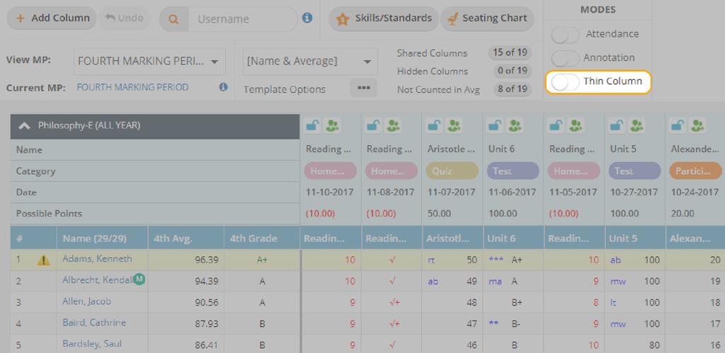 Re-size the Gradebook Columns To enable thin column mode, do the following: In the Modes group box, click the Thin Column toggle button.