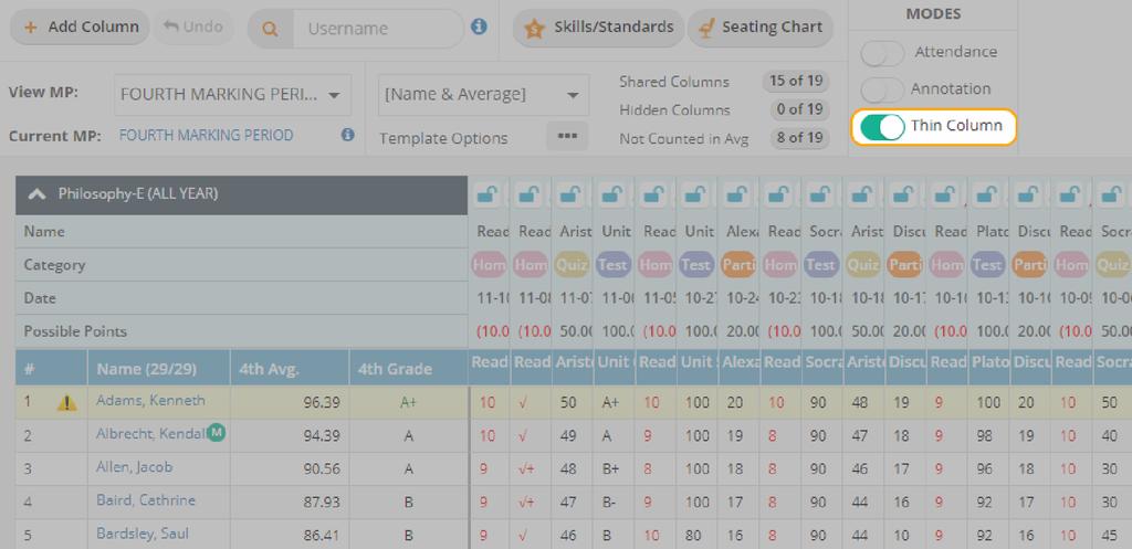 If Annotation Mode is enabled, score columns only display score annotations. If Annotation Mode is disabled, score columns only display score values.