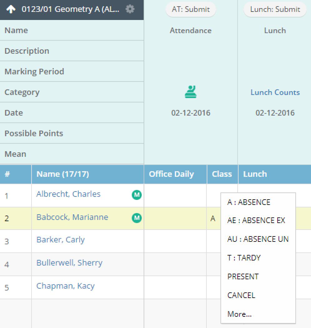 Mark Attendance Status for Individual Students When students are absent, tardy, or dismissed from your class, you can assign the relevant attendance code to each student and submit that data to the