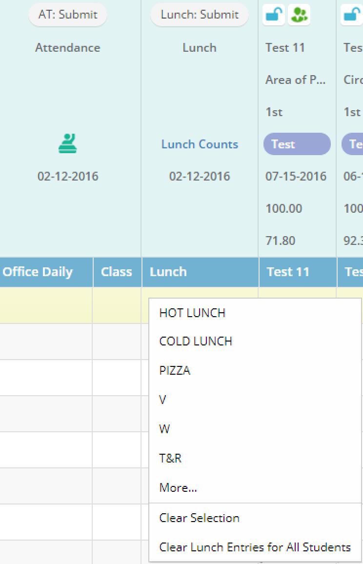 Enter and Submit Lunch Counts 1. Right-click a cell corresponding to a student in the Lunch column, and click the desired lunch option from the shortcut menu.