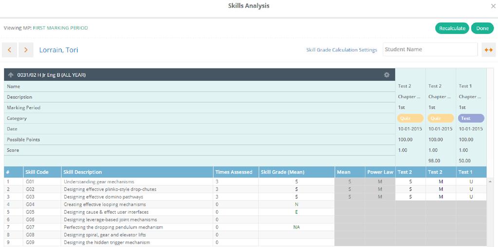 9.3 View Skills Analysis Using the Skills Analysis feature, you can access an individual student's skill grades to view the student's progress over time.