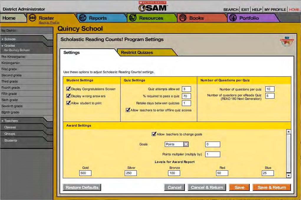 SRC! Program Settings Teachers and administrators may adjust SRC! Program Settings for classes, groups, and students to individualize SRC! for students.