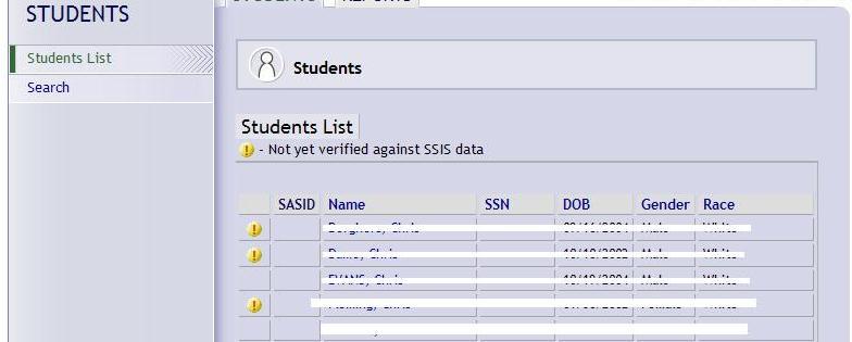 Students List - as logged on as a Teacher-Level User 1. If the user has Teacher-Level user access as described on page 23, he/she will see a list of all students to whom he/she is assigned.