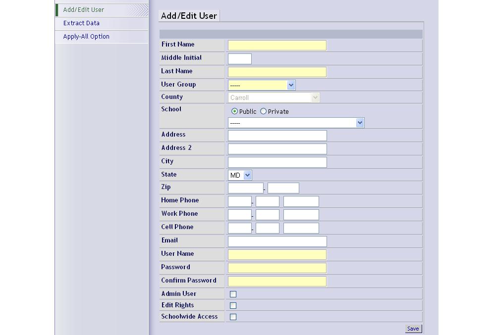 Add or Edit Users This section allows users to add or edit information the ECAS users. 3. Click on the Add/Edit User link on the left Navigation Bar. 4. Complete the data carefully.