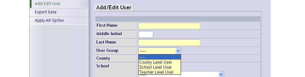 There are 3 types of User Groups - County, School, and Teacher. Fewer User Groups Types may be available depending upon the user's access rights. Choose a level for this user. A.