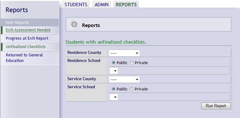 3. School-Level or County-Level users will be able to filter report on Residence and Service Schools. For a county level user, if no schools chosen then report will run on the whole county.