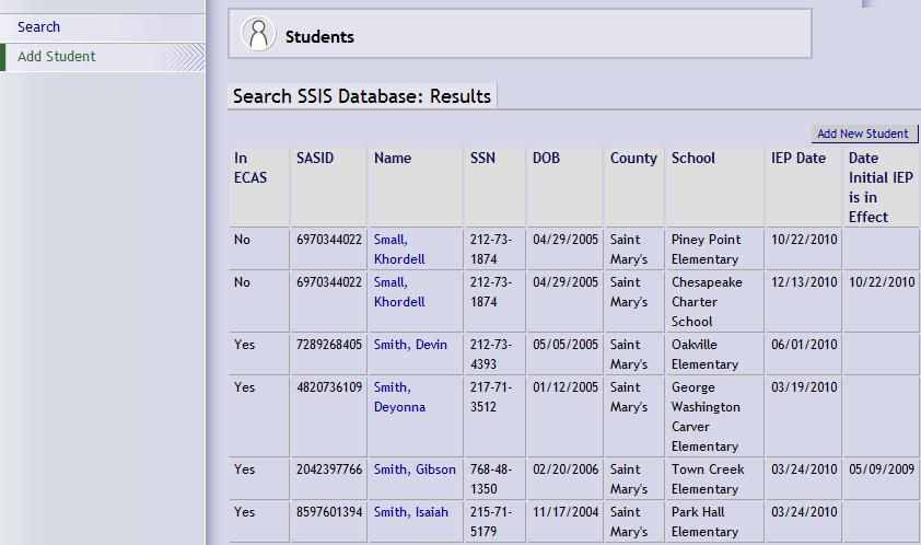 2. If the student is found in the SSIS Database, click his/her name to link to the Student Detail page. Demographic information hidden for confidentiality.