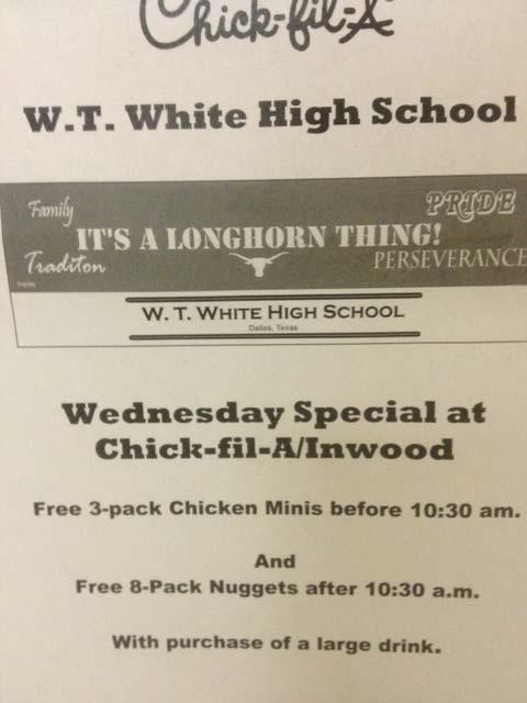 Chick-Fil-A Wednesdays On Wednesdays, Chik-Fil-A on Inwood has special deals for WT White Longhorns!
