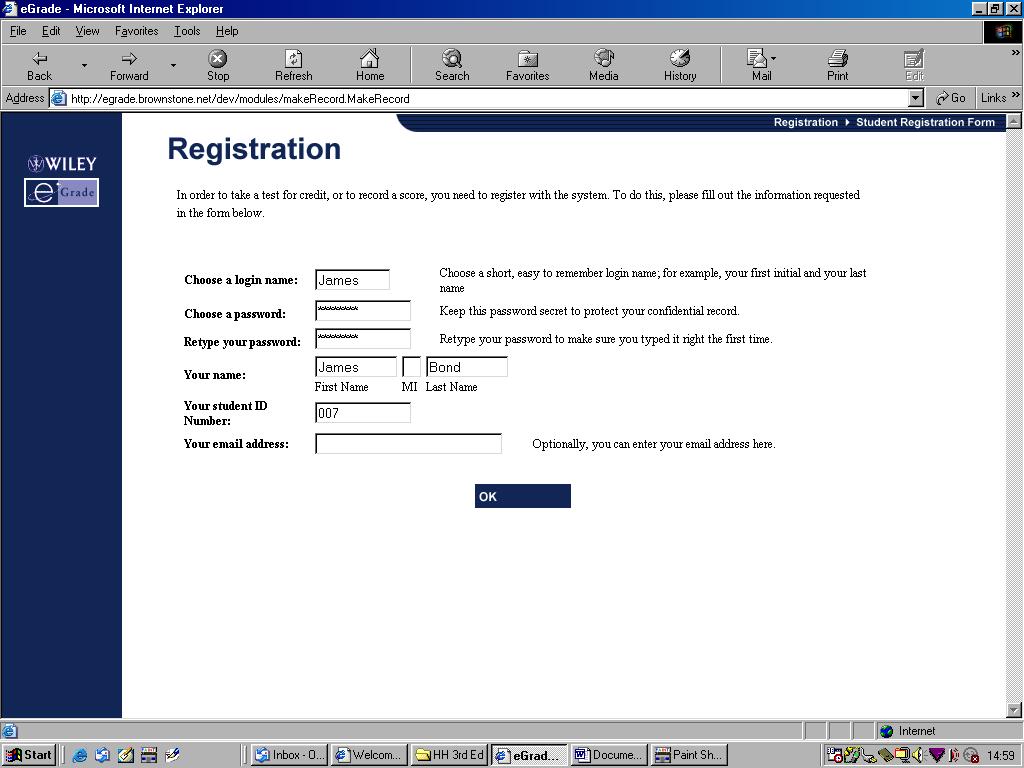 Figure 12: Student registration Now the student is registered and can select an assignment to complete as shown