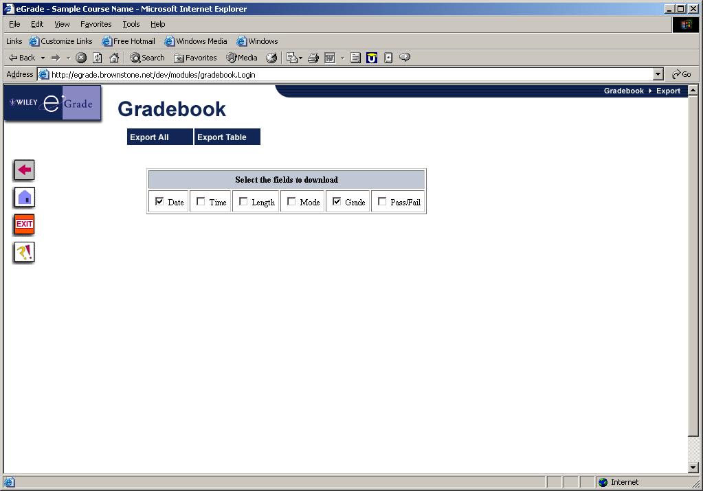 The Date and Grade fields are automatically selected and will be included in the export.