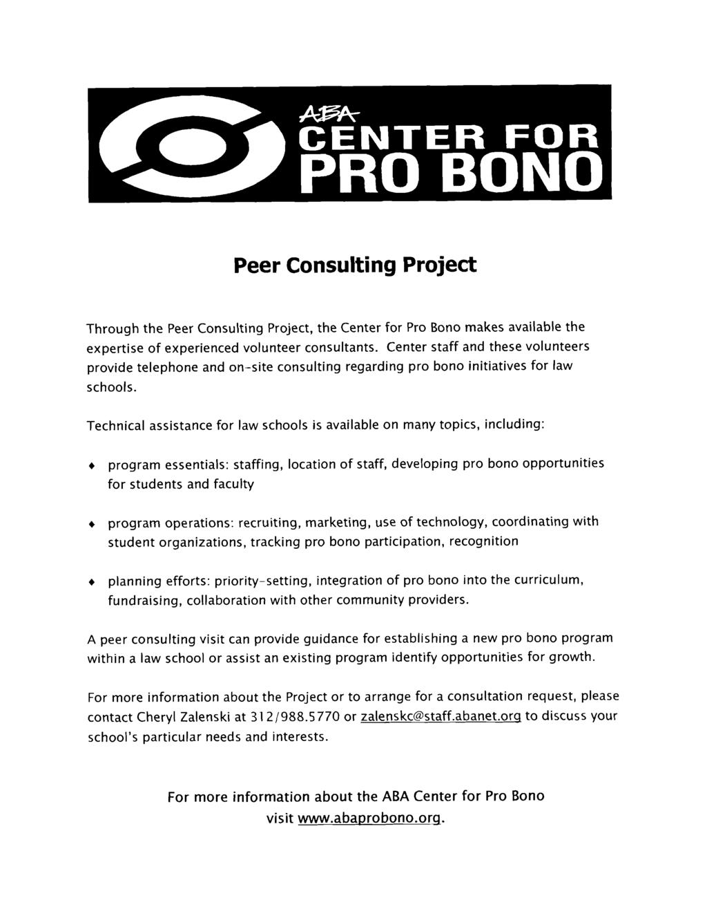 Peer Consulting Project Through the Peer Consulting Project, the Center for Pro Bono makes available the expertise of experienced volunteer consultants.