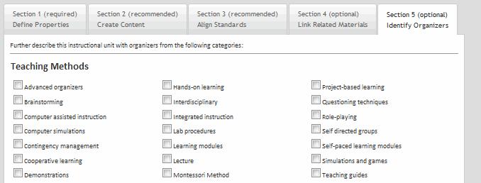 1. Select from the list of available configurable organizers (e.g., GEM Assessment Types, Bloom s Taxonomy). Use the checkboxes to make your selections.. Use the checkboxes to make your selections. 2.