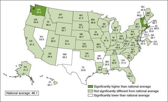 Number of primary care physicians per 100,000 population: United States, 2012