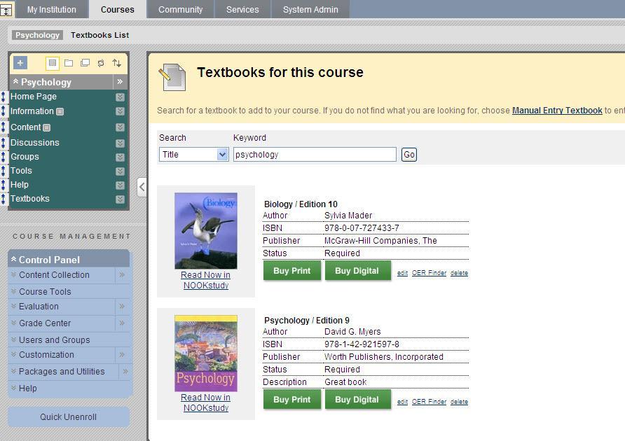 Textbooks List Tool Enables Faculty to create a Required Reading list in Blackboard Search for a book by its title, author, or ISBN to add it to the page Use the Manual Entry form to add items such