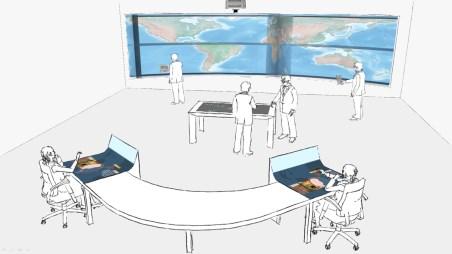Figure 1. The social and spatial context within a future control room. Relationships of people to each other and to the displays can be used for an implicit interaction with visualizations.