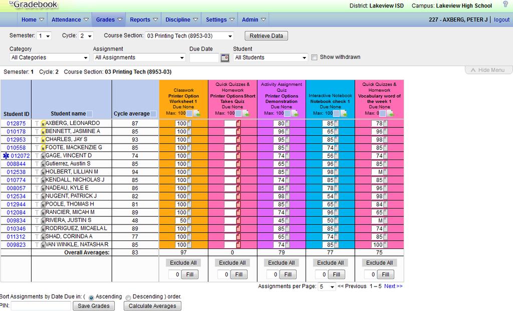 Assignment Grades How to View and Enter Assignment Grades The Assignment Grades page allows you to view and enter assignment grades for students by semester, cycle, and course section.
