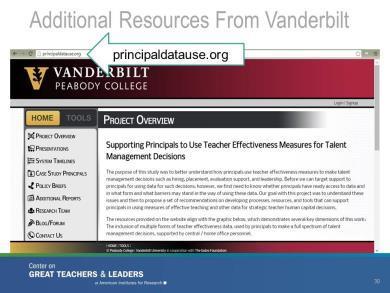This slide shows where additional resources about the Vanderbilt study can be found. The website is principaldatause.org. Slide 30 Facilitation Note: This activity uses Handout 3: District Assessment.