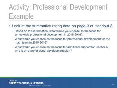 Work with a partner to answer the question on the slide using the third page of mock data. What would you choose as the focus for schoolwide professional development in 2015 16? Why?