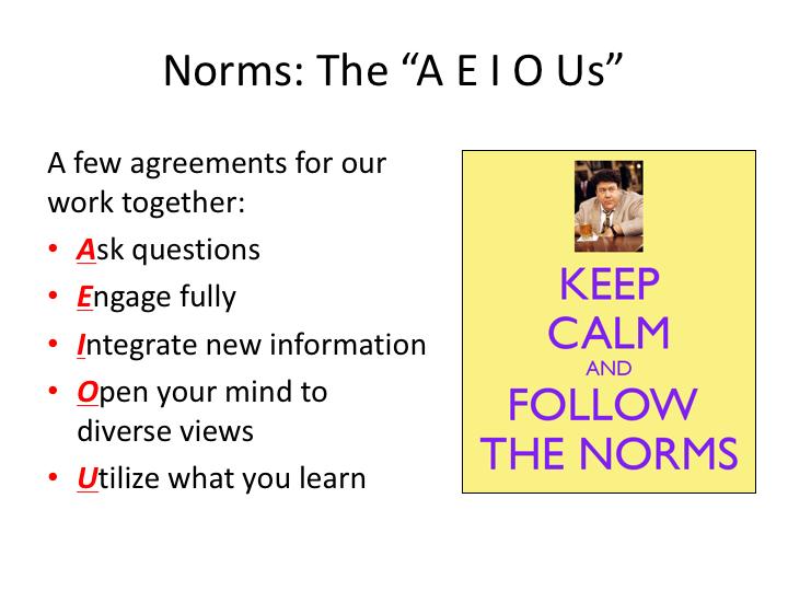 Expand on the norms, describing the behaviors for the way we want to work together today.