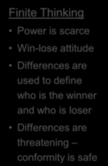 Example: Power Finite Thinking Power is scarce Win-lose attitude Differences are used to define who is the winner and who is
