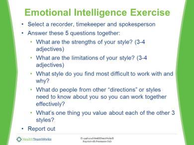 Emotional Intelligence Exercise Directions Activity Guide Run the activity. Select a recorder, timekeeper and spokesperson Answer these 5 questions together: What are the strengths of your style?