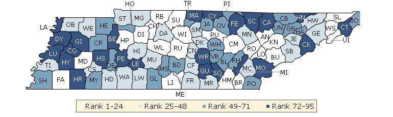 HEALTH FACTORS County Rank County Rank County Rank County Rank Anderson 12 Fentress 79 Lauderdale 95 Roane 13 Bedford 61 Franklin 27 Lawrence 47 Robertson 17 Benton 83 Gibson 82 Lewis 77 Rutherford 2