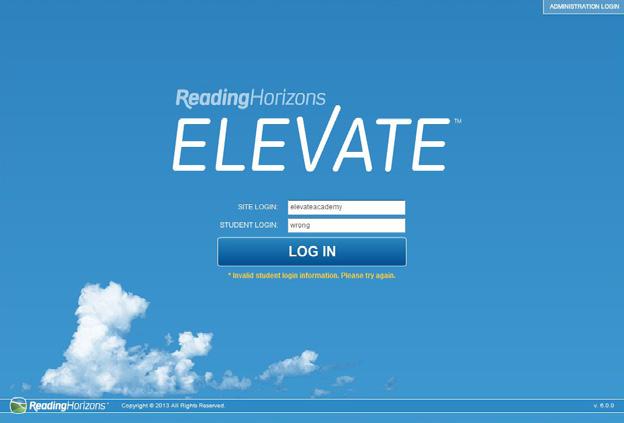 2. The Reading Horizons title screen will appear: 3. Click on the white Student Login box in the center of the screen. 4. The student will be prompted to enter his or her personal Student Login.
