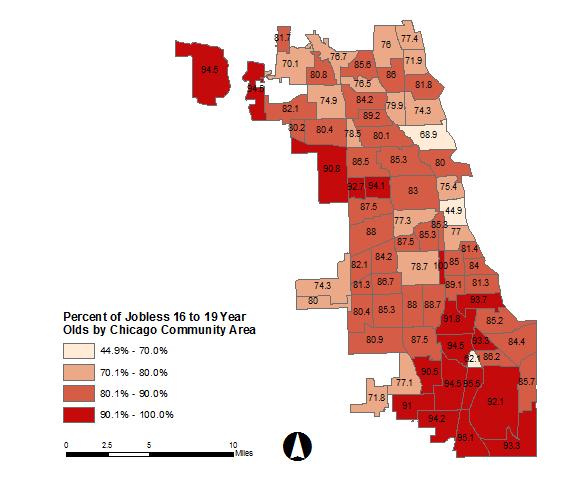 16-19 Year Old Joblessness Map 10: Jobless Rate for 16 to 19 Year Olds by Chicago Community Areas Data Source: 2011-2015 American