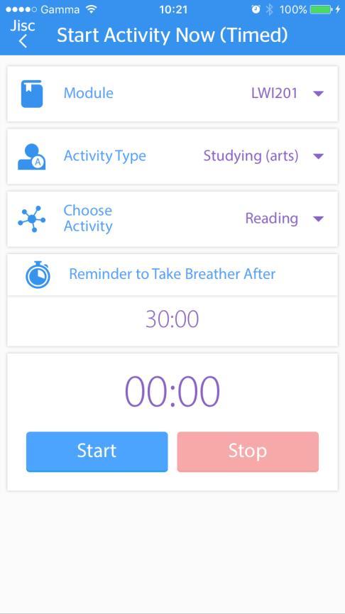 When starting a timed activity, you choose the module it s related to, the type of activity and